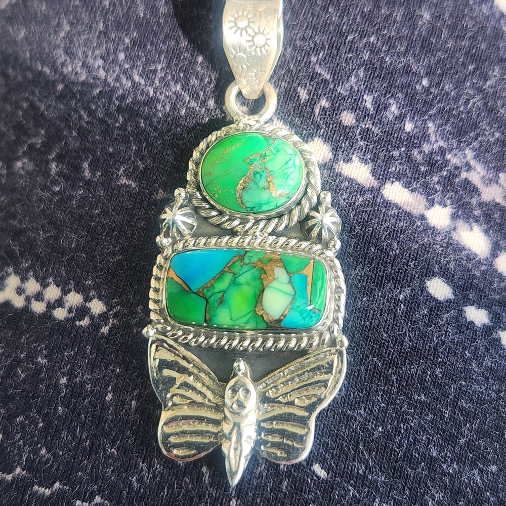 Artisan Pendant Sterling Silver Butterfly Peacock Dhalia Gemstones Bug Jewelry - Picture 3 of 7